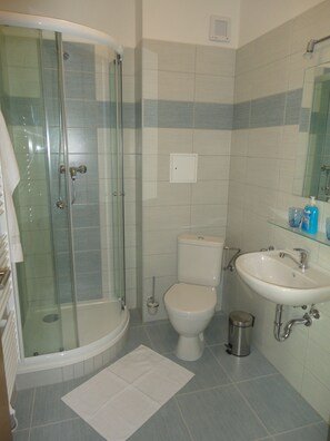Shower, free toiletries, towels