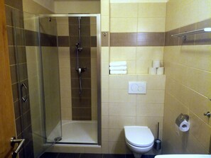 A bathroom with a glass-enclosed shower, a toilet, and a sink.