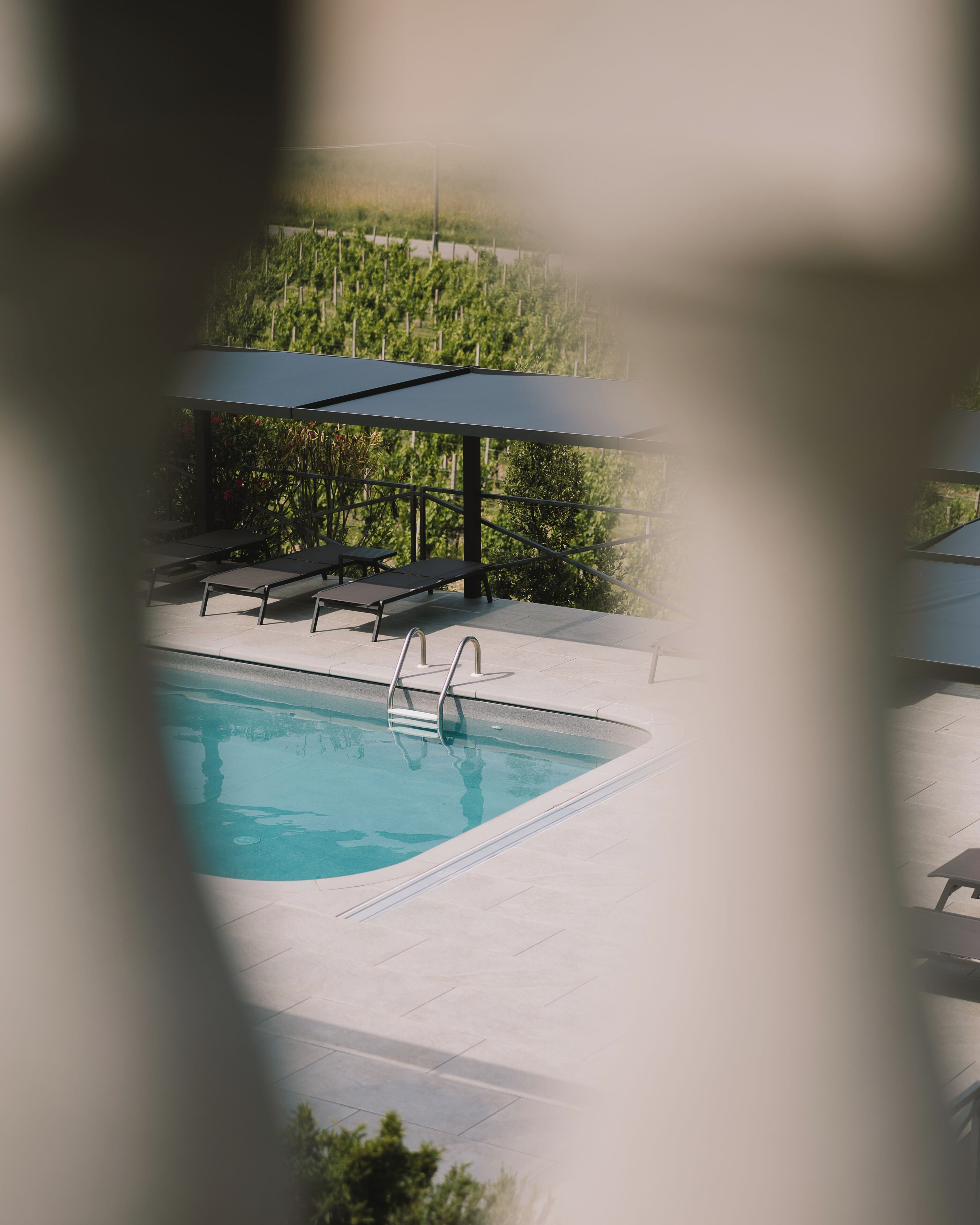 A swimming pool with a sunshade, lounge chairs, and a view of greenery.