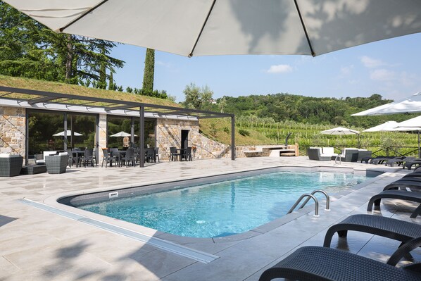 Seasonal outdoor pool, pool umbrellas, pool loungers