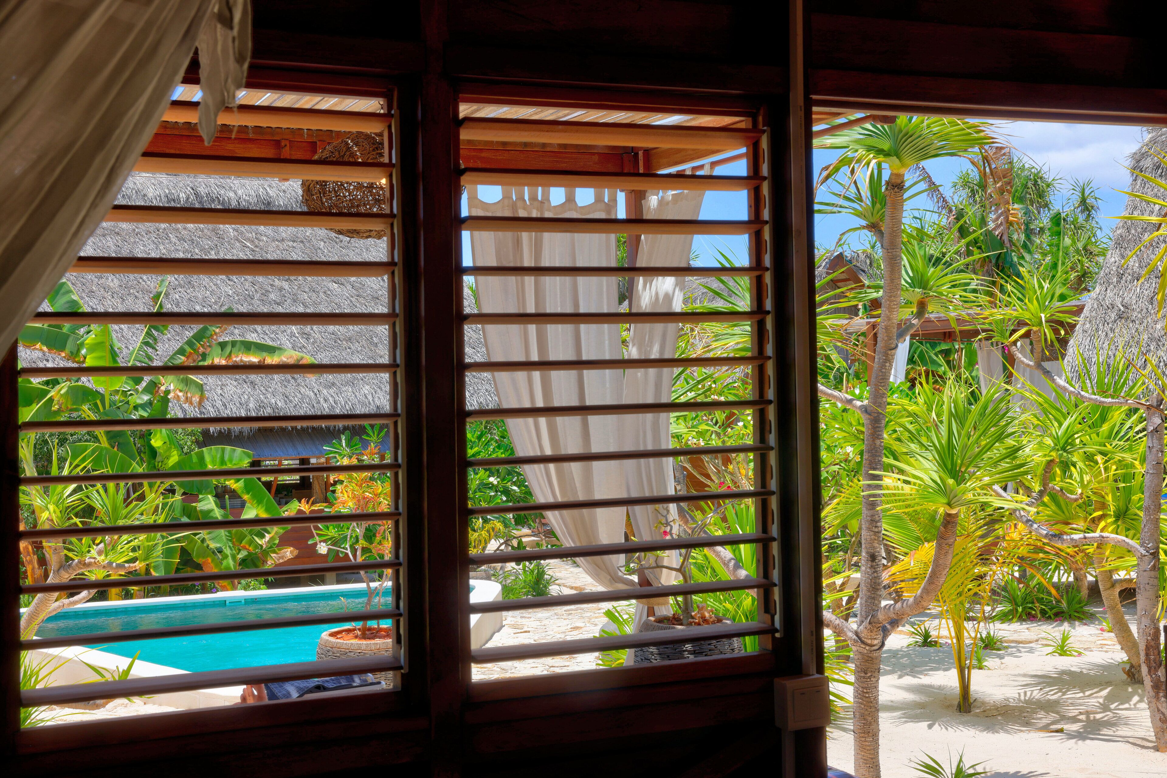 A view through a window with horizontal blinds, a thatched roof, and a pool surrounded by tropical plants.