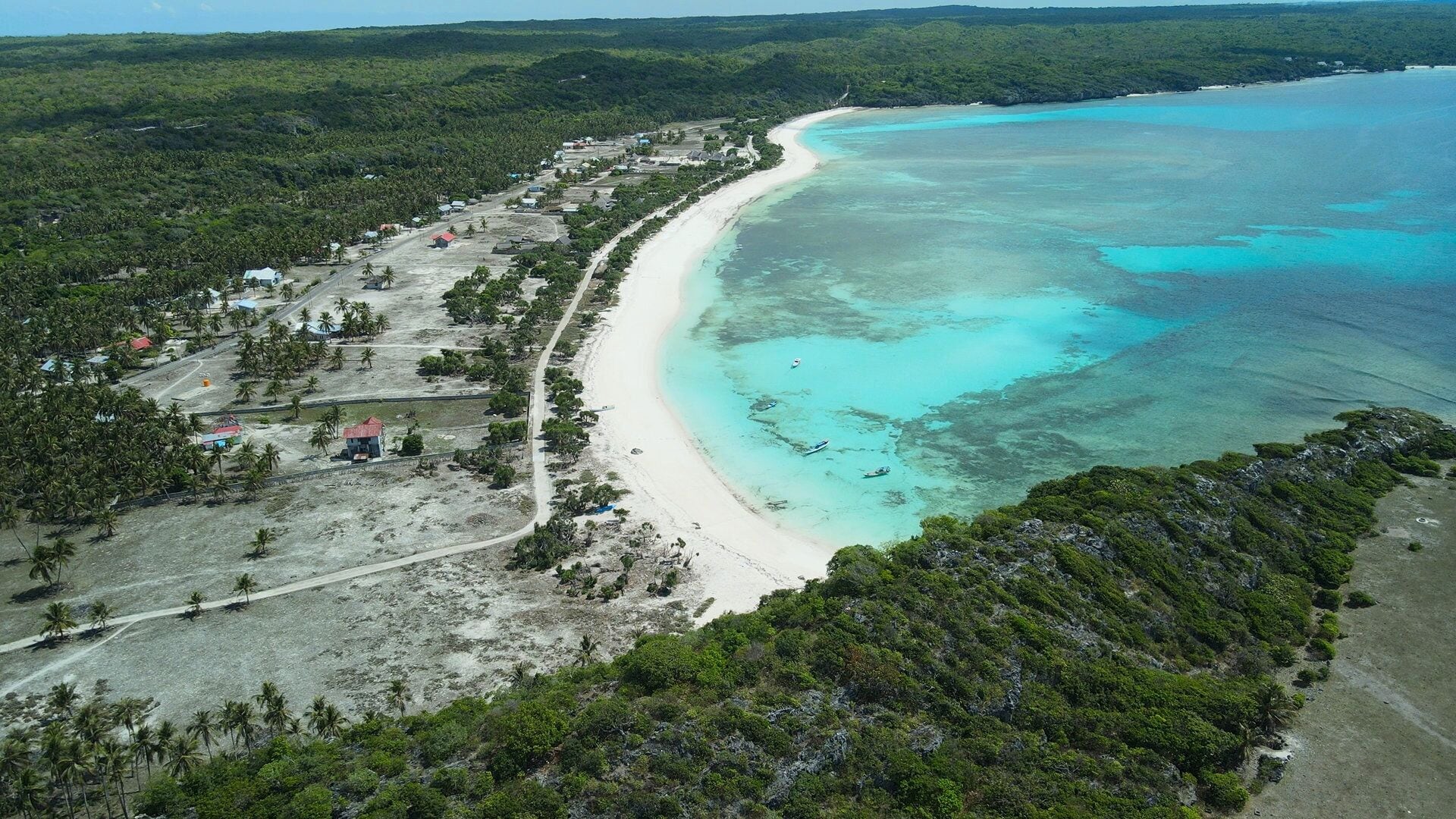 An aerial view of a coastal area with a sandy beach, dense greenery, and a clear blue sea.