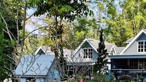 A residential area with multiple houses, a wooden deck, and a garden with various plants and birdhouses.