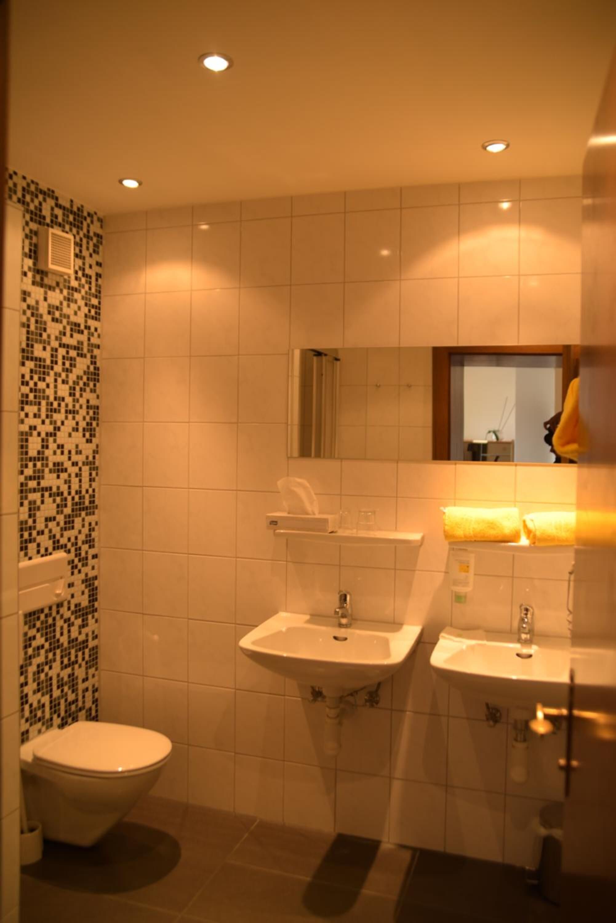 A bathroom with a toilet, two sinks, and a mirror.