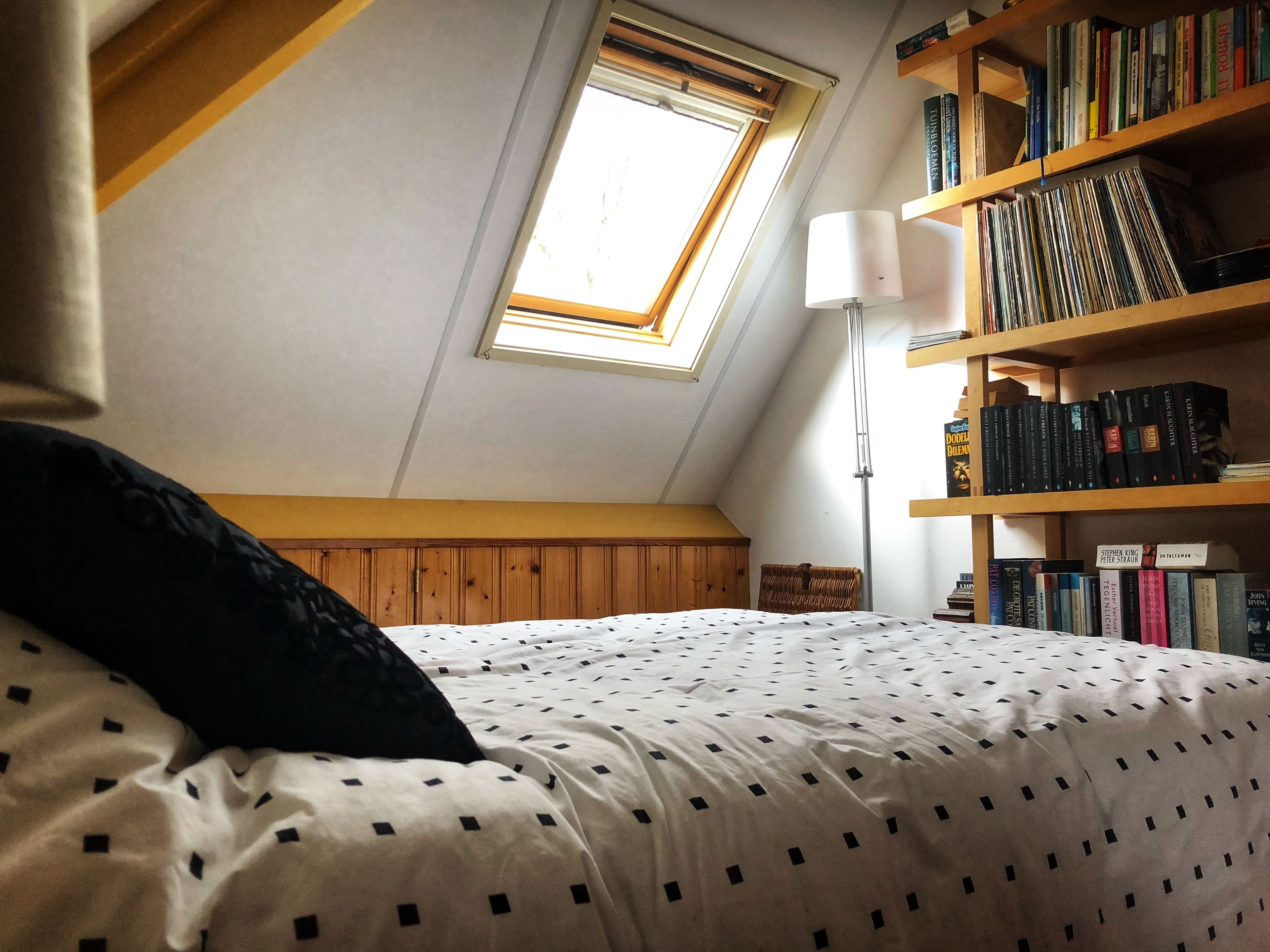 A bedroom with a sloped ceiling, a skylight, a bookshelf, and a bed with a patterned duvet.