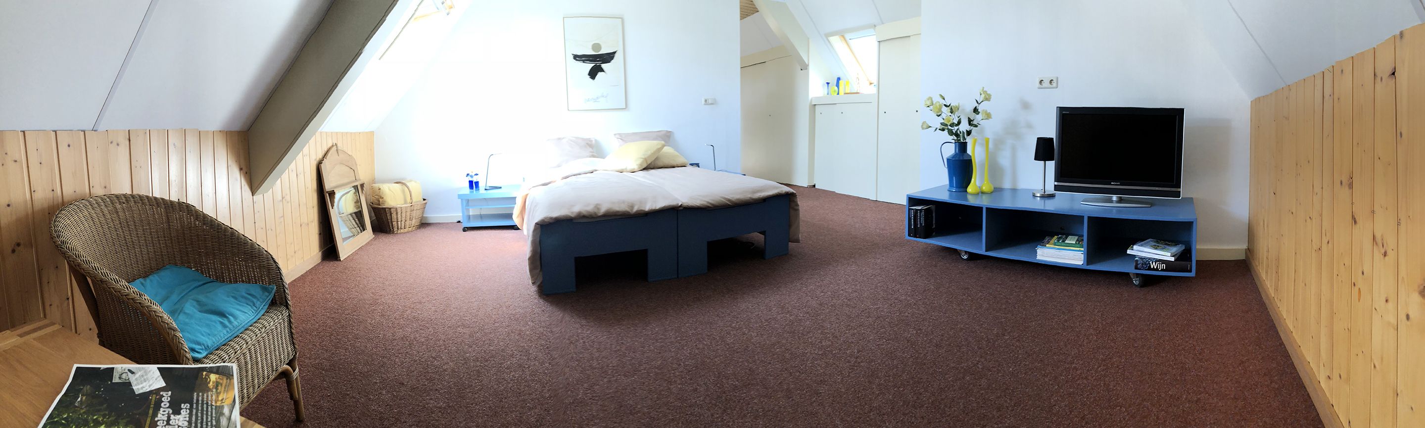 A bedroom with a bed, a TV, a bookshelf, and a wicker chair.