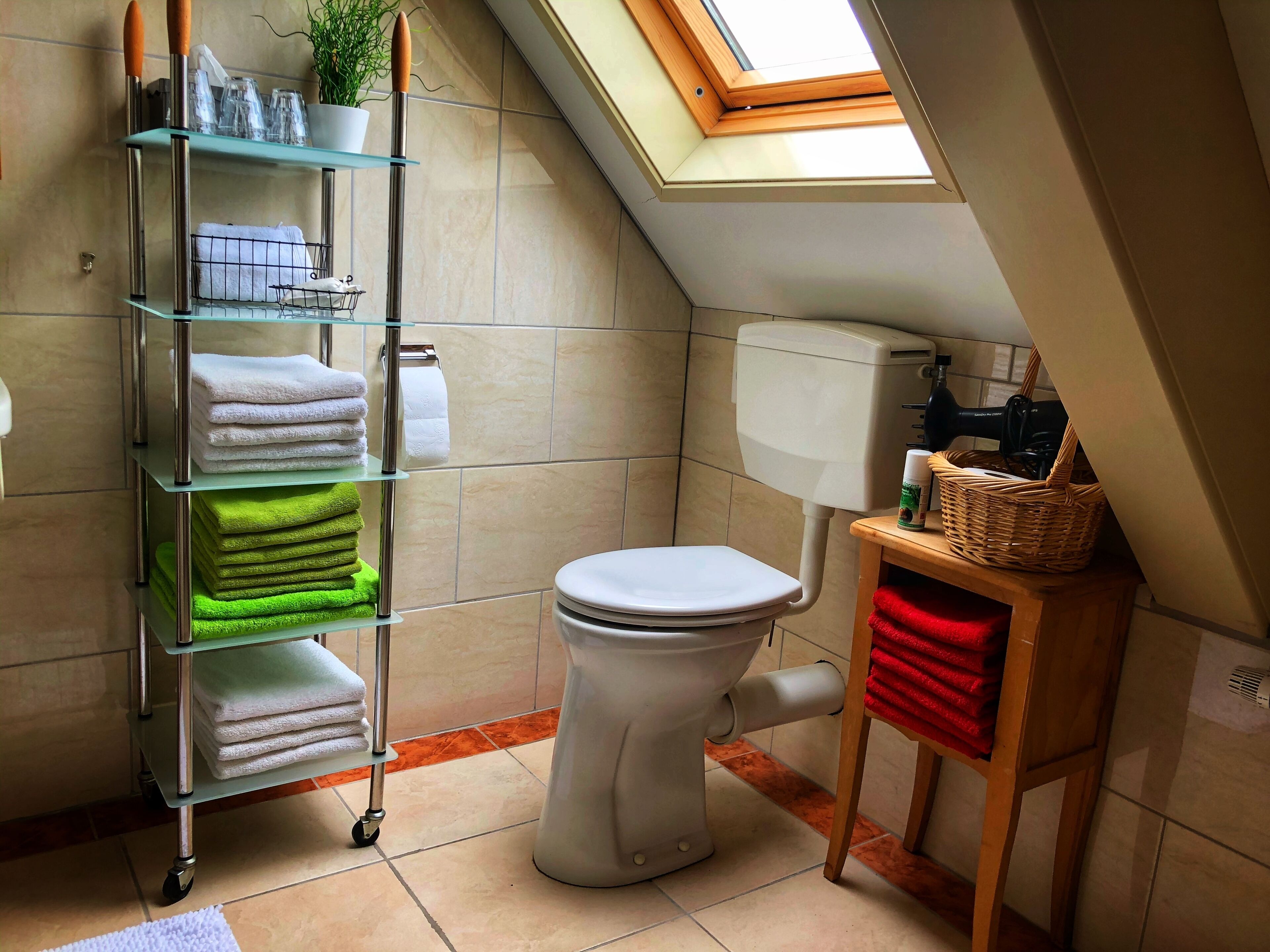 A bathroom with a toilet, a glass shelf with towels, a basket, and a skylight.