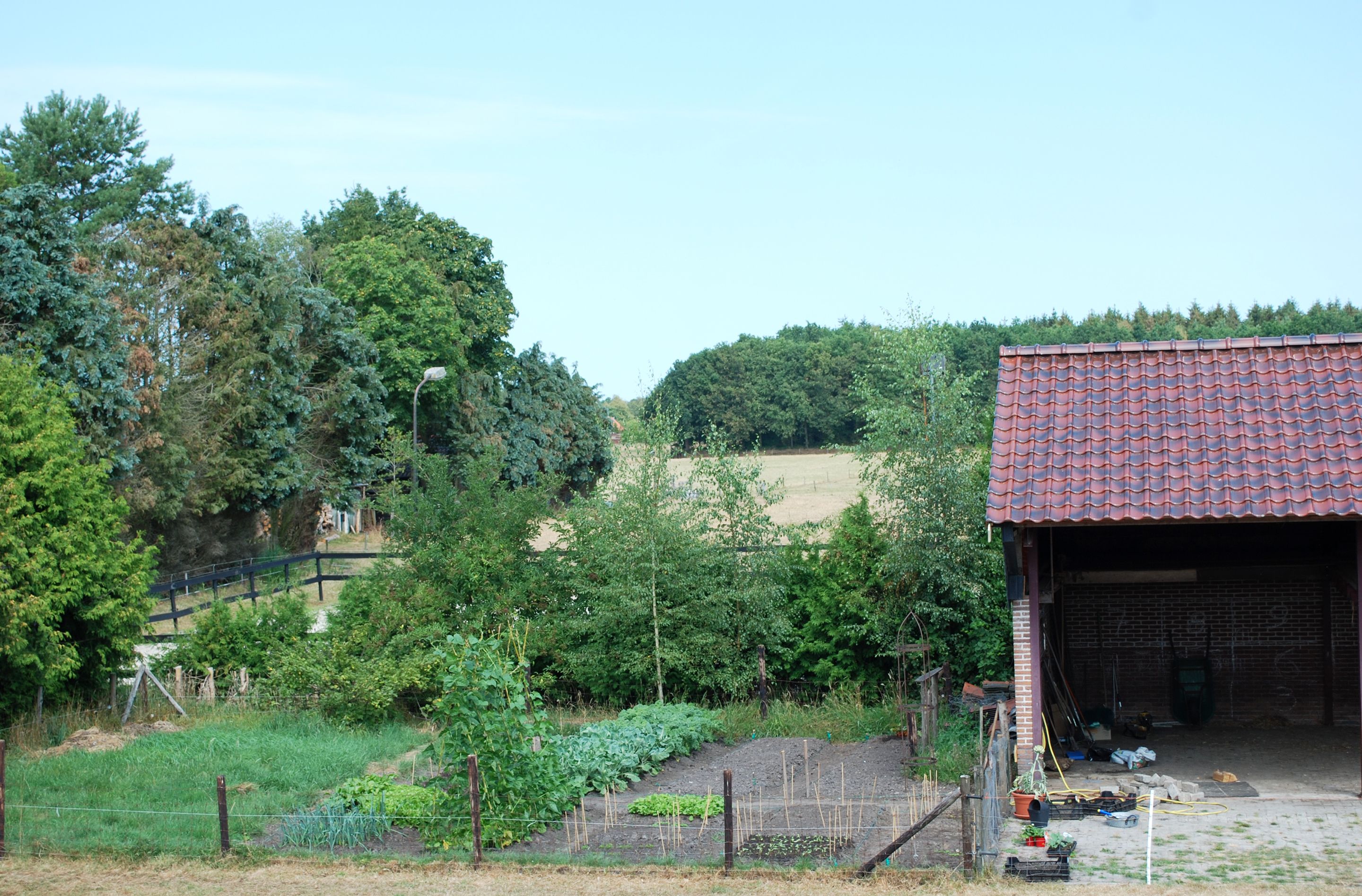 A rural property with a brick garage, a fenced garden, and a wooded area in the background.