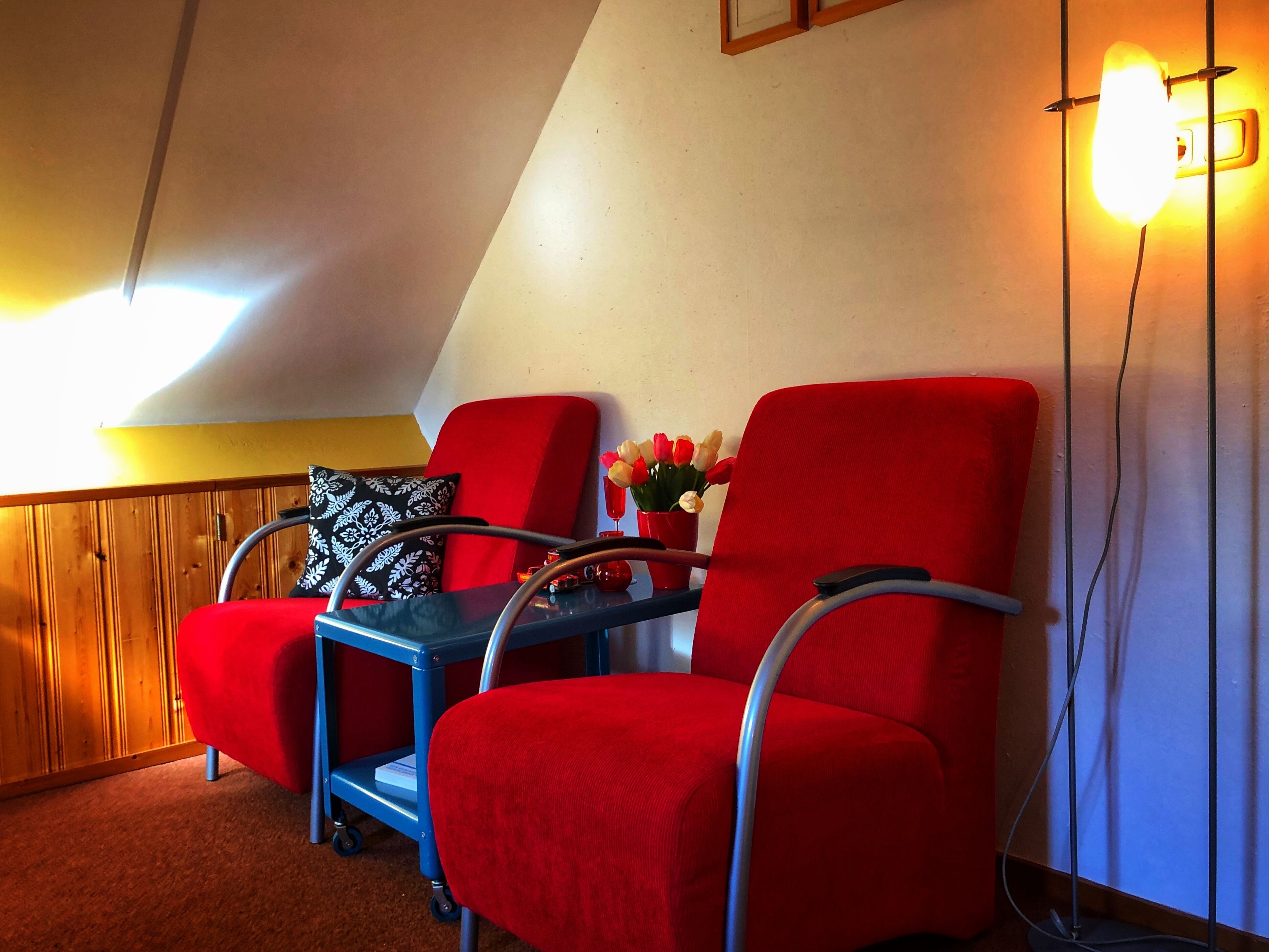 Een kamer met twee rode stoelen, een kleine tafel met een zwart-wit gestreept kussen, en een vaas met bloemen.