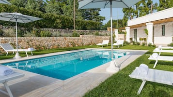 Seasonal outdoor pool, pool umbrellas, sun loungers