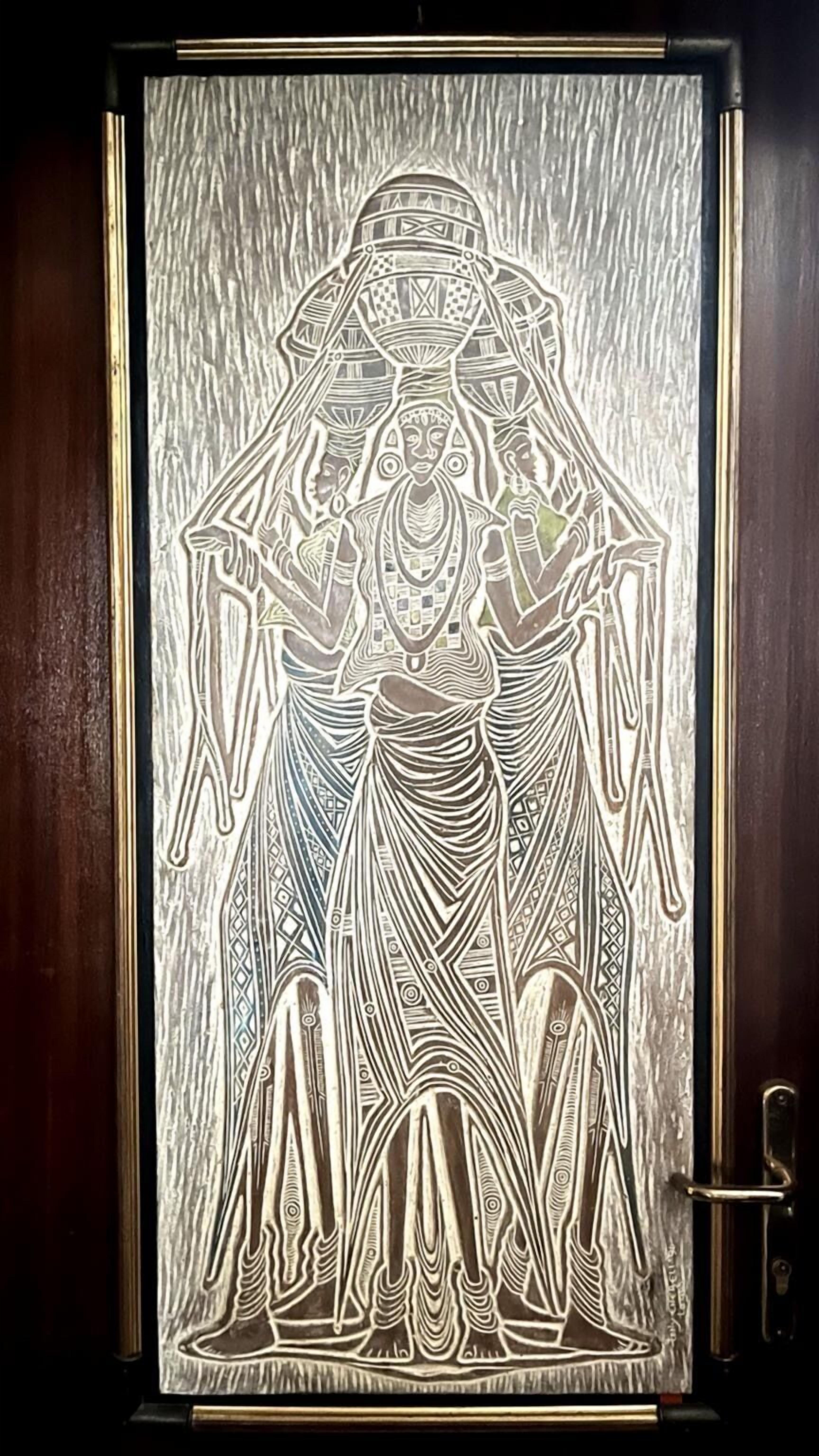 A door with a detailed etched design.