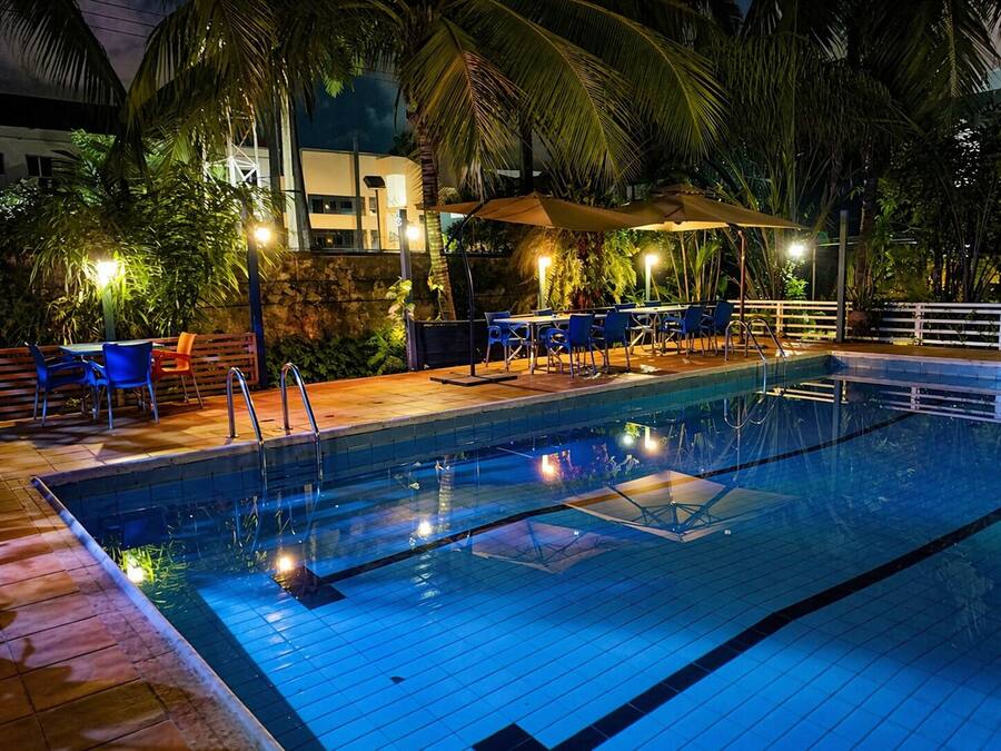 Outdoor pool, pool umbrellas, sun loungers