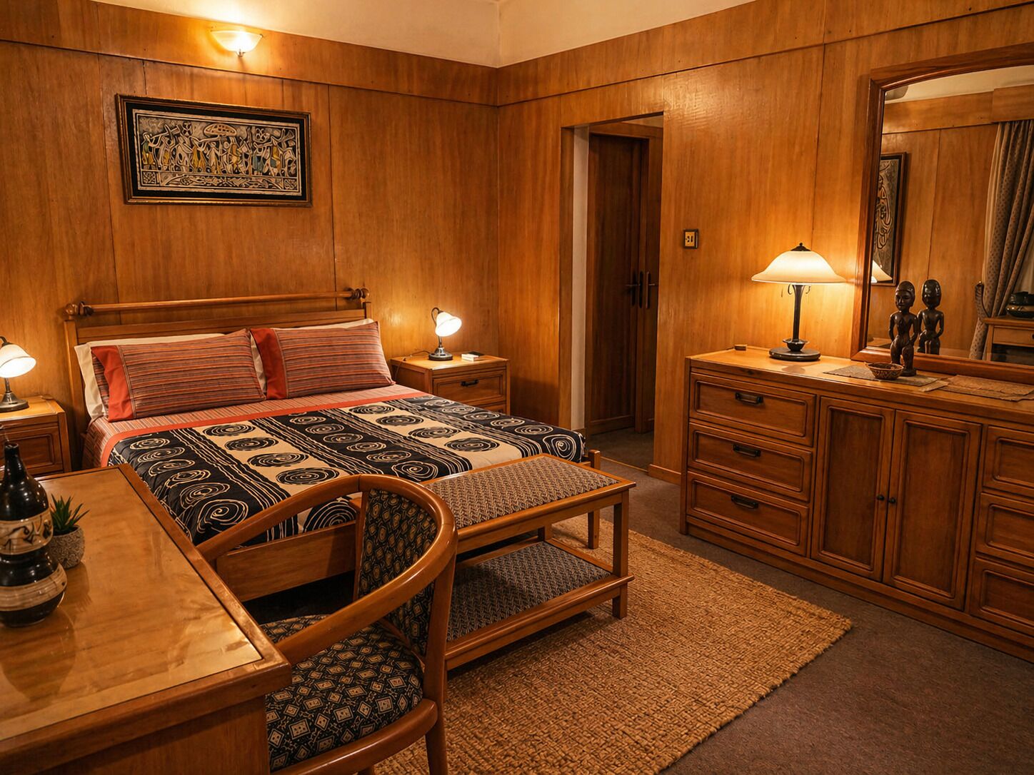 A wooden room with a bed, bedside tables, a desk, a chair, a dresser, and a mirror.