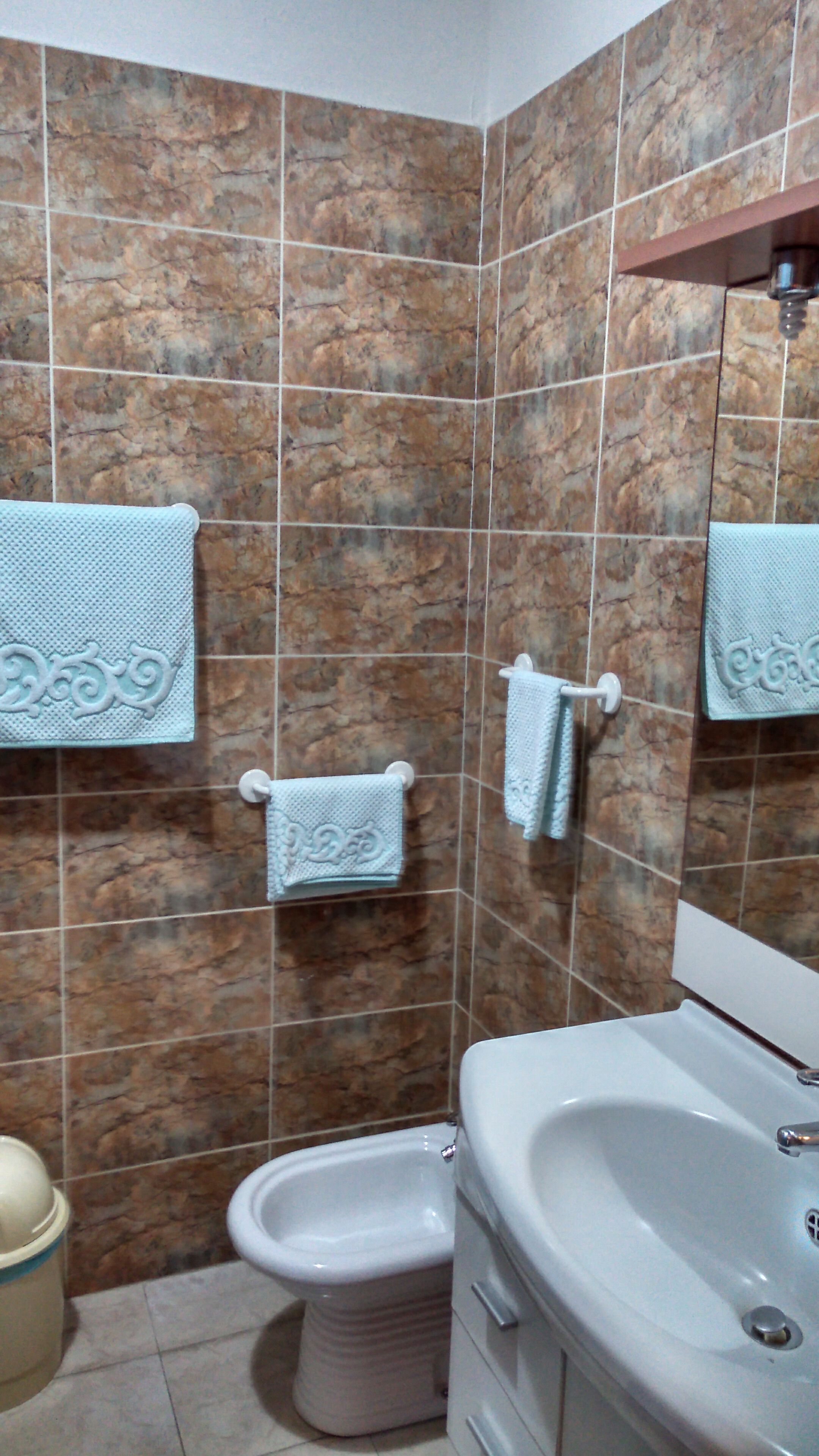 A bathroom with a toilet, bidet, and sink. There are towels hanging on a rack and a mirror above the sink.