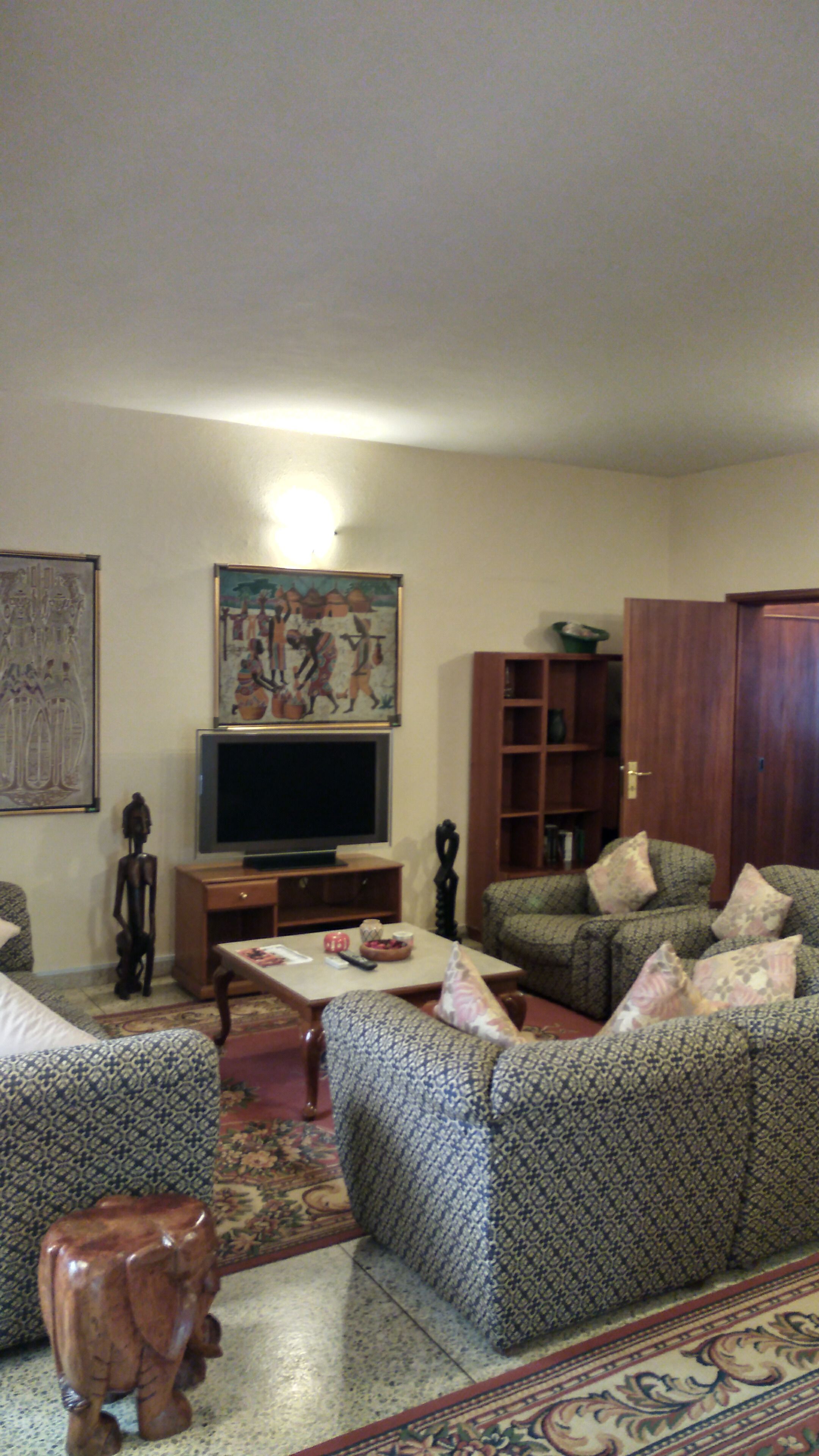 A living room with patterned sofas, a television, a wooden cabinet, and a decorative elephant sculpture.