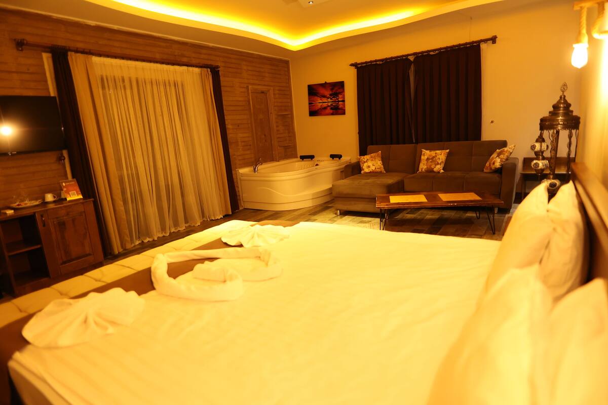 A hotel room with a bed, a sofa, a TV, and a bathroom.