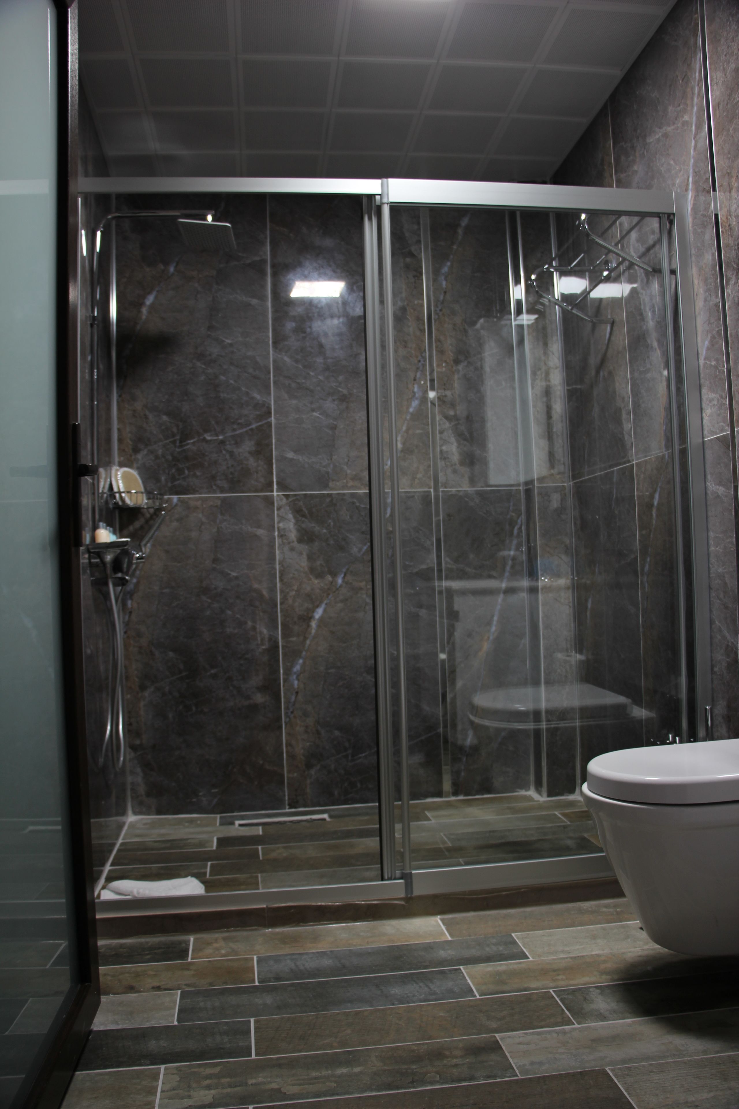 A glass-enclosed shower with a marble wall and a white toilet.