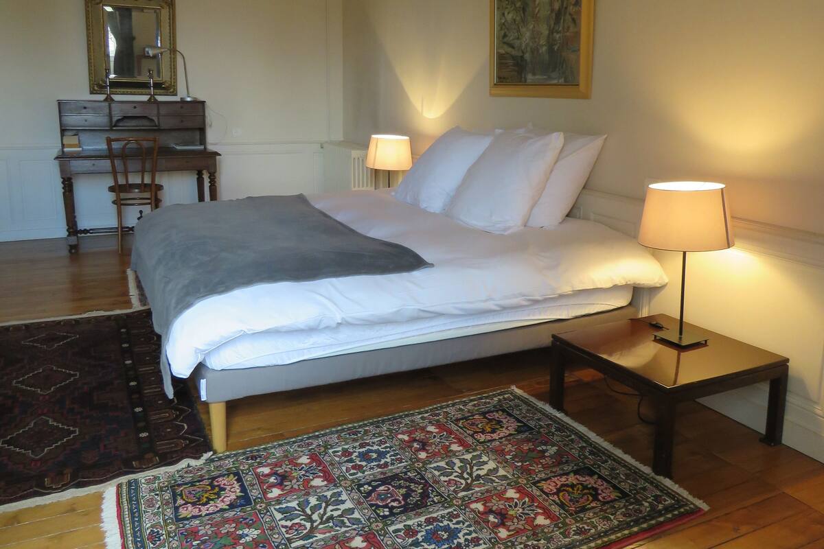 Un dormitorio con una cama, dos lámparas de noche, un escritorio con espejo y una silla.