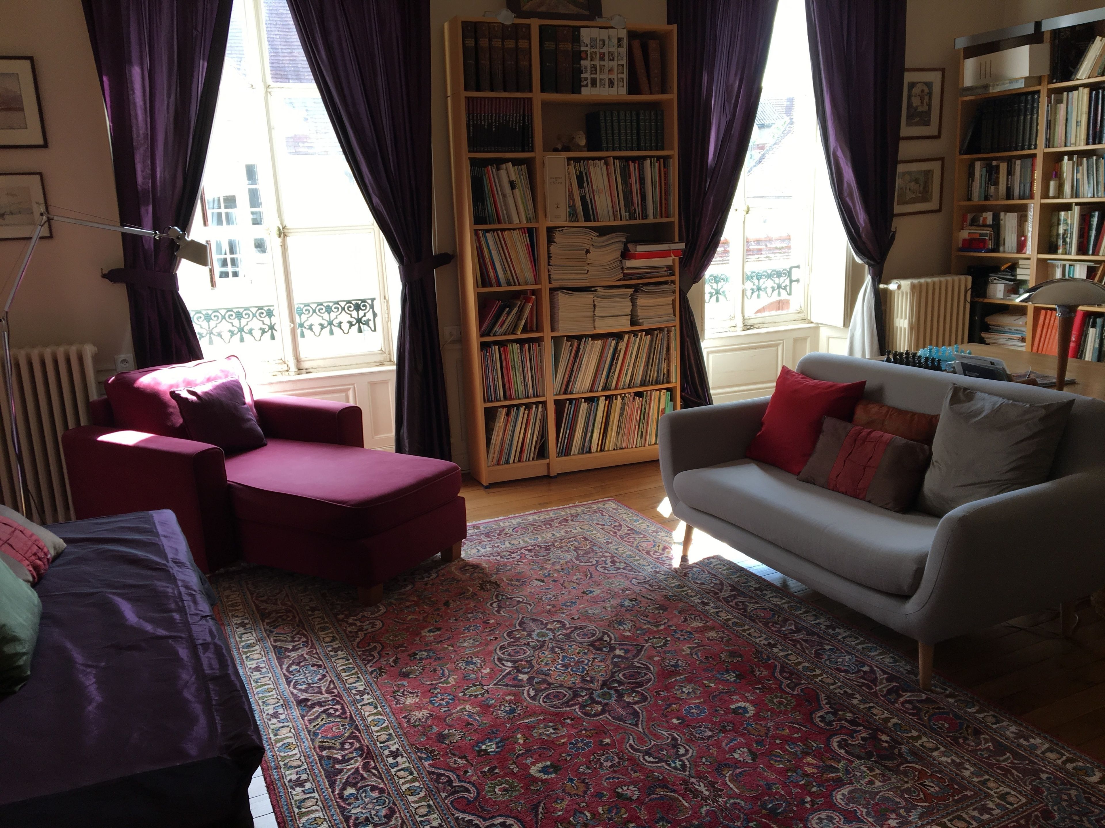 A living room with a red sofa, a grey sofa, a large bookshelf, and a patterned rug.