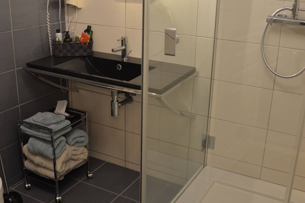 Een moderne badkamer met een douche met glazen wand, een zwart wastafel en een handdoekrek.