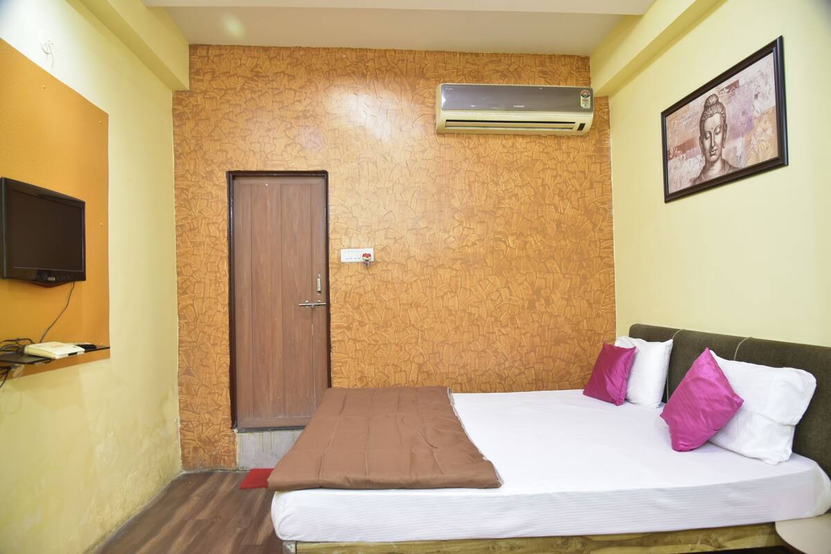 Habitación de hotel con cama, televisión de pantalla plana, aire acondicionado, puerta y un cuadro colgado en la pared.