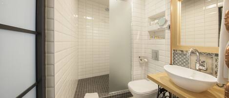A bathroom with a white sink, a toilet, and a shower area.