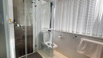 Suite | Bathroom | Shower, free toiletries, hair dryer, towels