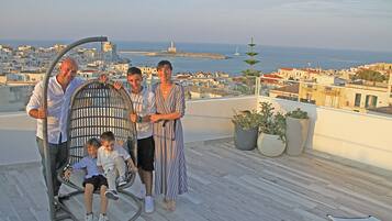 A rooftop terrace with a view of the sea and buildings, a wicker chair, and potted plants.