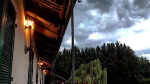 A covered outdoor area with a wooden ceiling and wall-mounted lights, a small garden with a weeping willow, and a stone structure with a fire. - La Cascina del Castello (Asti)