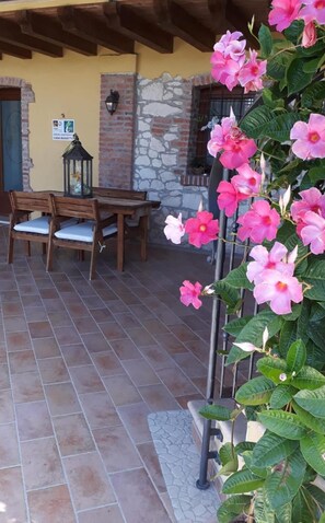 An outdoor patio with a table and chairs, a stone wall, and a flower planter with pink flowers. - Casa Bassetto (Longare)