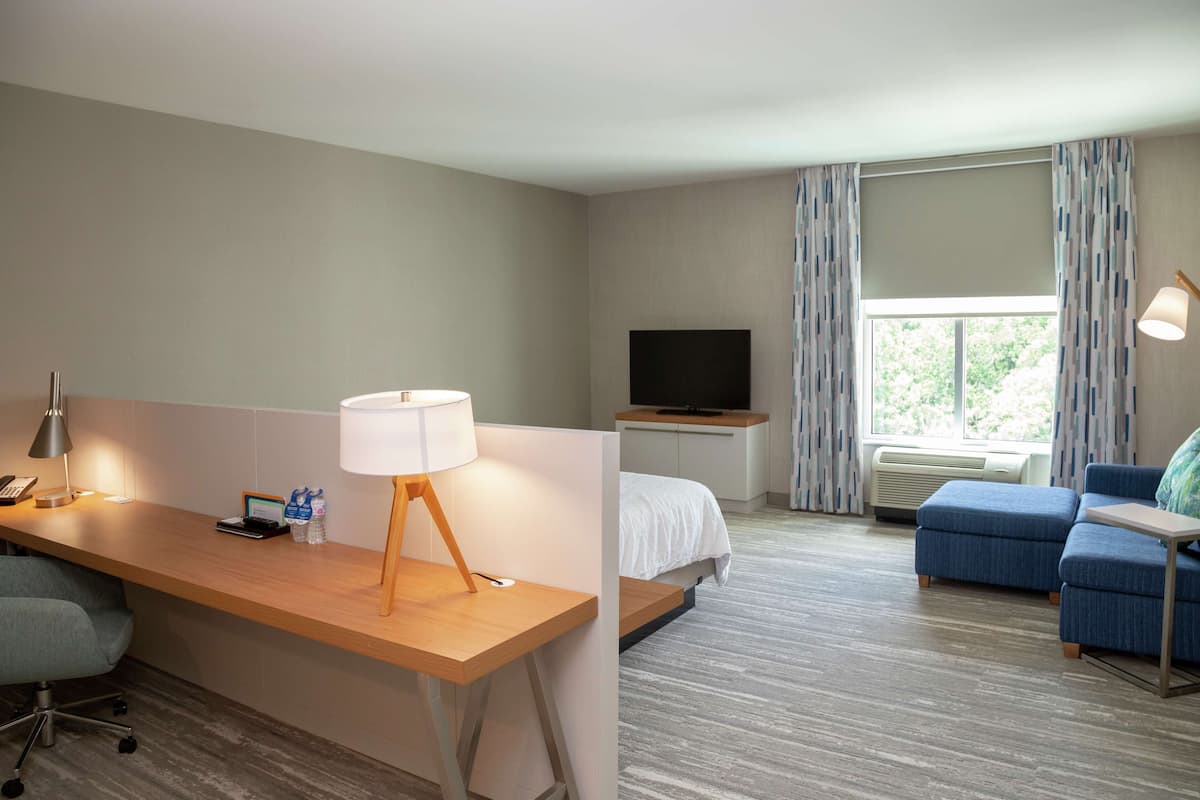 Habitación de hotel con escritorio de madera, lámpara, televisor, cama y sofá azul.