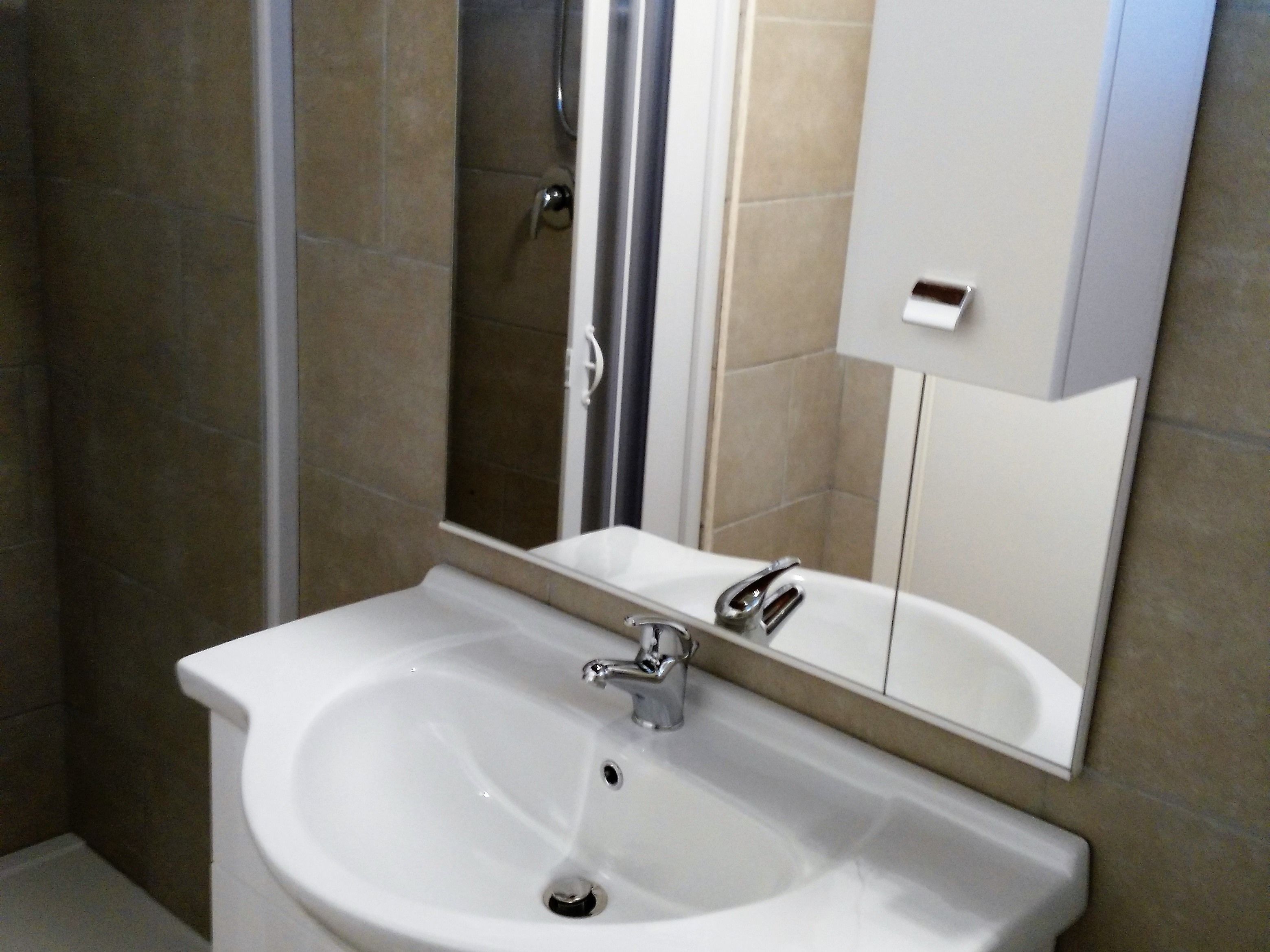 A bathroom with a white sink, a mirror, and a shower.