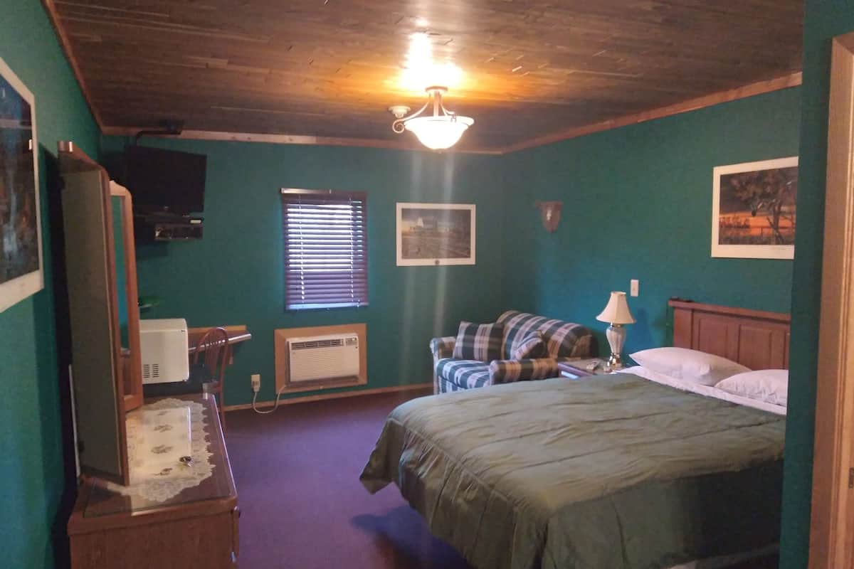 A bedroom with a bed, a television, a window with blinds, a heater, and a ceiling fan.