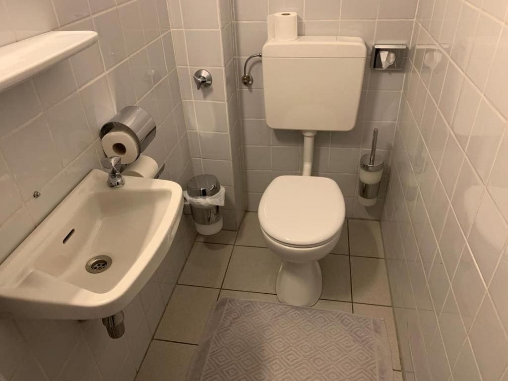 A bathroom with a sink, toilet, and a trash bin.