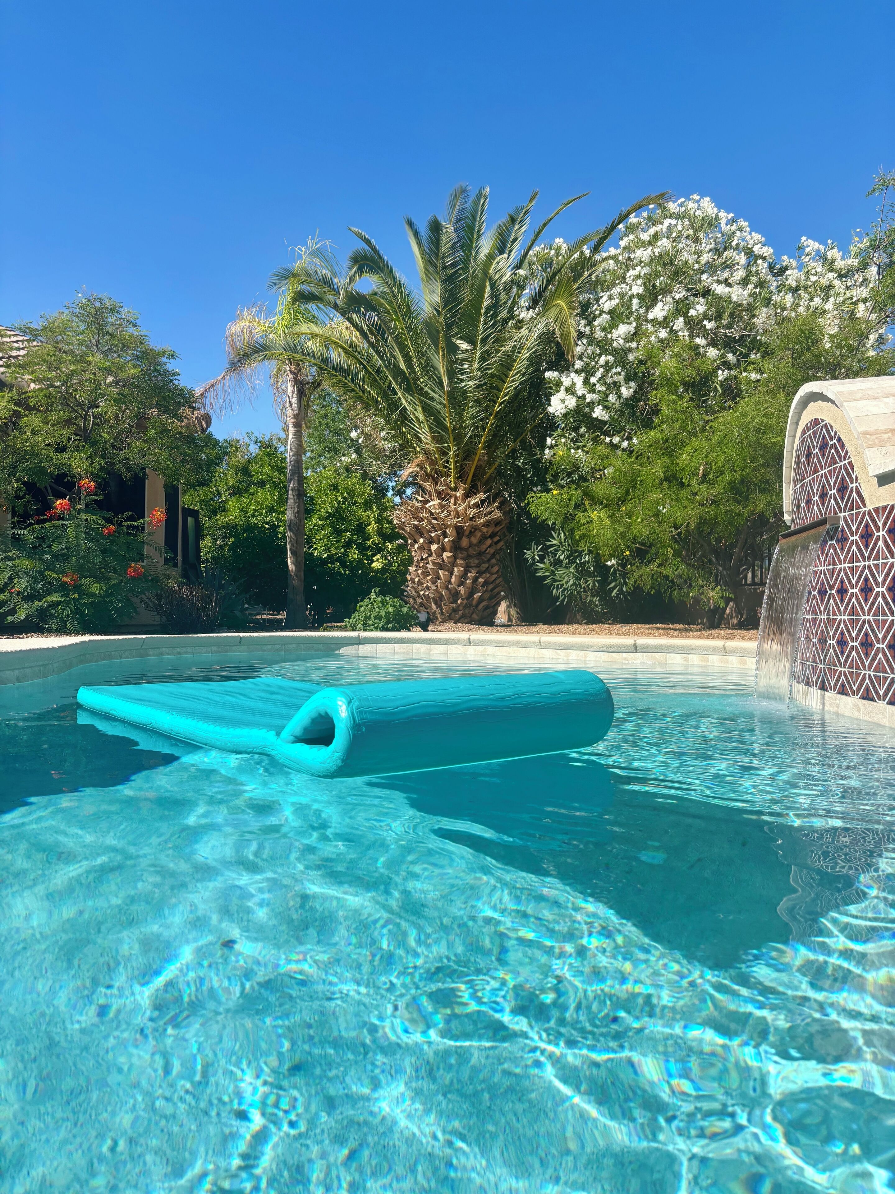 Une piscine aux eaux cristallines, avec un tapis flottant bleu, entourée d’une végétation luxuriante et d’un mur décoratif.