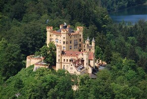 Un castillo rodeado de un bosque frondoso y un lago.