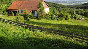 Una casa de techo rojo, rodeada de abundante vegetación y una valla de madera.