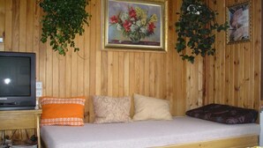 Una habitación con paneles de madera, una cama, un televisor y dos cuadros enmarcados.