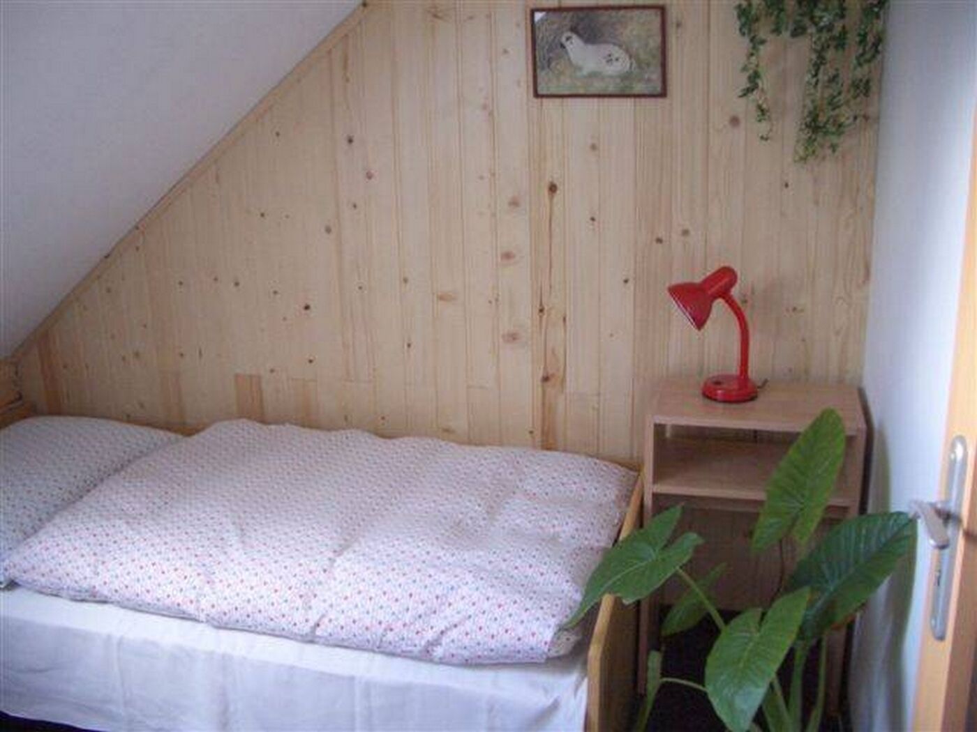 Une petite pièce aux murs lambrissés, avec un lit simple, une lampe de bureau rouge et un tableau encadré accroché au mur.