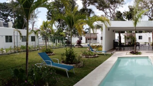A modern pool area with a clear pool, surrounded by palm trees and blue lounge chairs. - Violet House - Riviera Maya (Puerto Morelos)