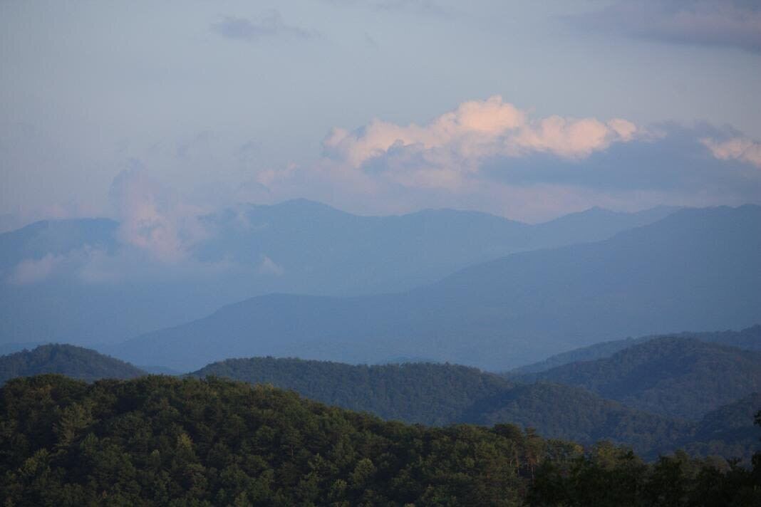 A mountainous landscape with dense forests.