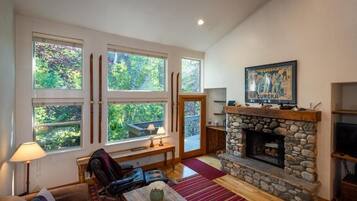 Smart TV, fireplace, DVD player, books