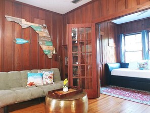 Smart TV, fireplace, DVD player, books