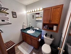 Combined shower/bathtub, hair dryer, towels, soap