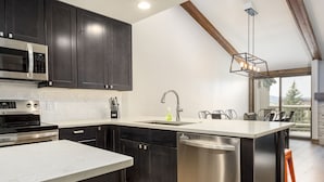 A modern kitchen with dark cabinetry, stainless steel appliances, and a large island with a dishwasher. - Hot Tub /Pool! Fireplace! Walk to Slopes! (Steamboat Springs)
