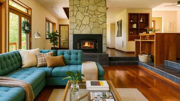 Smart TV, fireplace, video games, DVD player