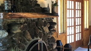 Une cheminée en pierre avec un manteau en bois, une porte à panneaux de verre et une plante en pot.