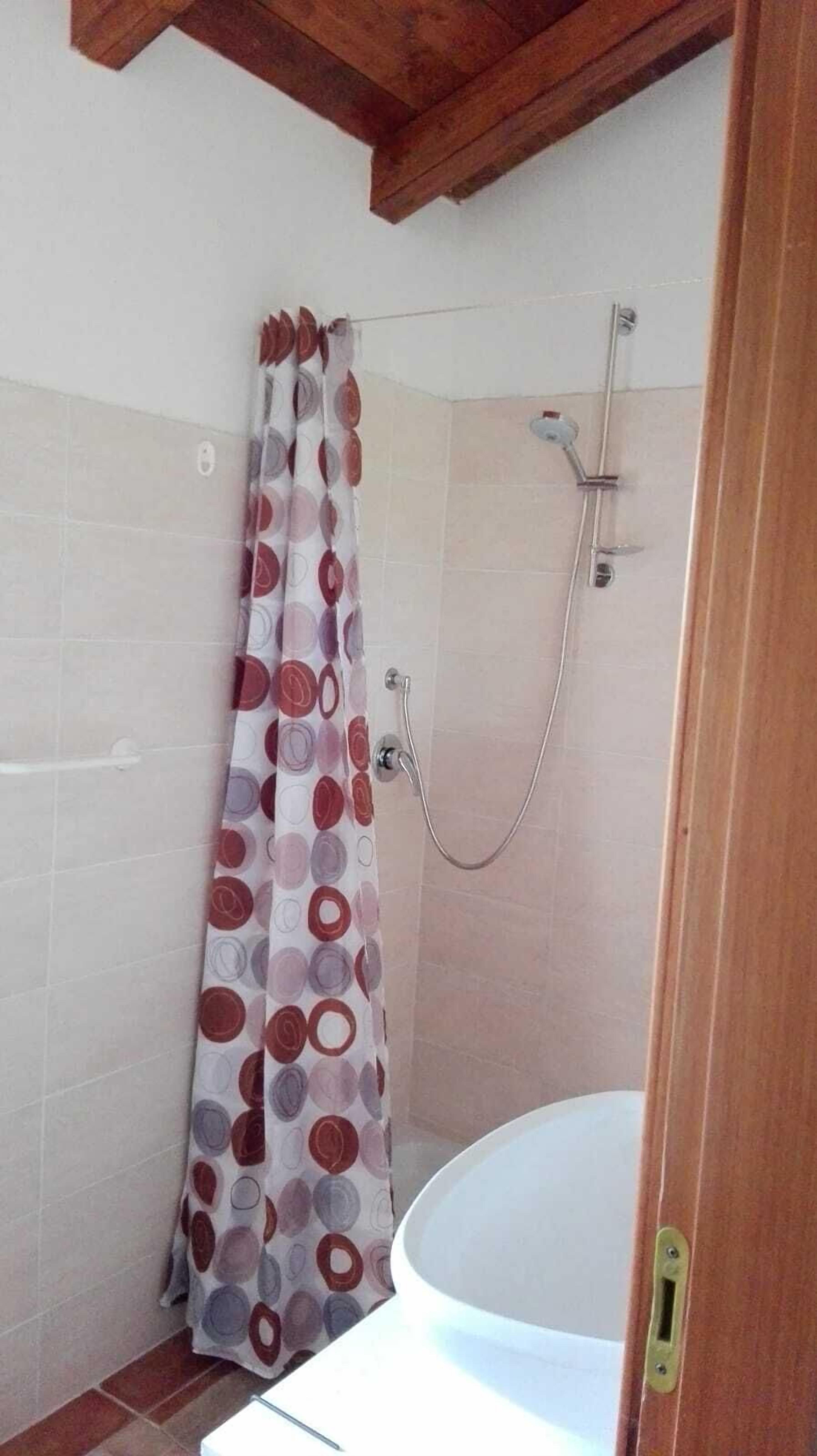 A bathroom with a shower, a bathtub, and a curtain with a circular pattern.