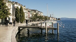 Un paseo marítimo con edificios, un muelle y barcos.