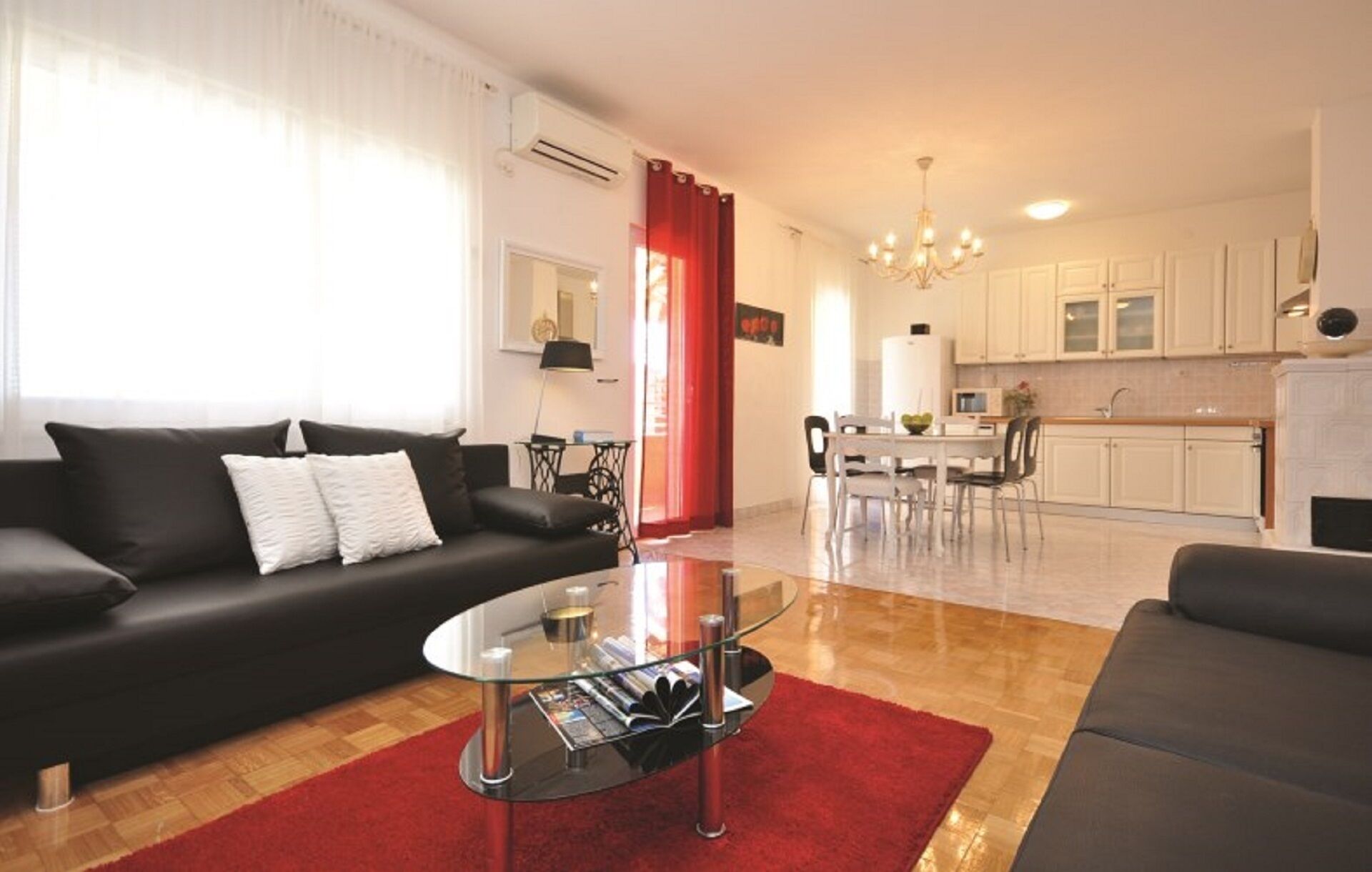 TV, fireplace, books, video library